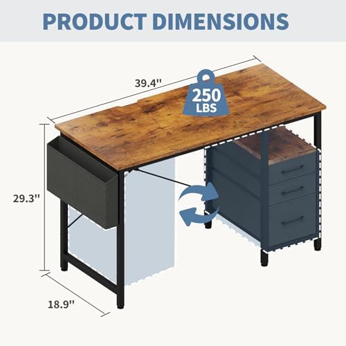 DUMOS 39 Inch Small Computer Desk with Storage, Fabric Drawers,Brown - Image 3