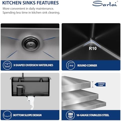 Sarlai Black Undermount Bar Sink With Foldable Faucet - 21x19 Inch Outdoor Black Kitchen Sink RV Workstation 16 Gauge Stainless Steel Single Bowl Handmade Outdoor BBQ Sinks with Lid - Image 5