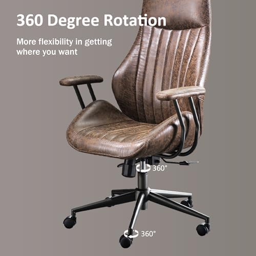 High Back Home Office Chair, Mid Century Vintage Executive Chair,Comfy Ergonomic Rolling Office Task Chair with Lumbar Support,Brown Faux Leather Office Chair,Dark Brown - Image 5