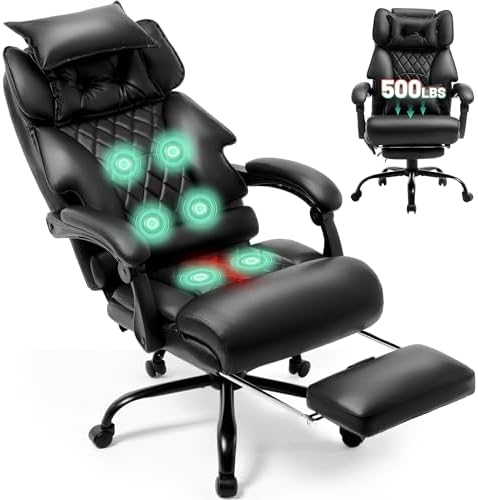 Massage Office Chair with Foot Rest,6 Points Vibration & Heat Executive Office Chairs,500LBS Big and Tall Office Chair for Heavy People,Ergonomic Reclining Desk Chair,Dual-Use Pillow,Home Office,Black by Unknown