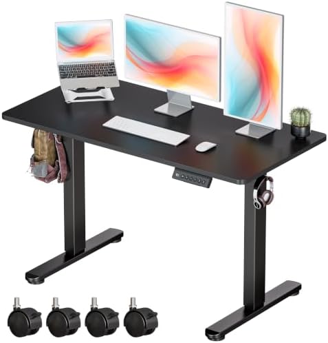 Okin Standing Desk Electric Adjustable Computer Whole Piece Stand up Desk with Wheels Office Gaming Home Office Memory Desks 48x24 inches Black by Okin