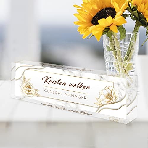 Desk Name Plate Personalized, Custom Name Plates for Desks, Personalized Acrylic Name Plate for Desk, Office Gifts for Cowrkers, Boss, Teacher/Employee Appreciation Gifts (White Marble/Gold Rose) - Image 3
