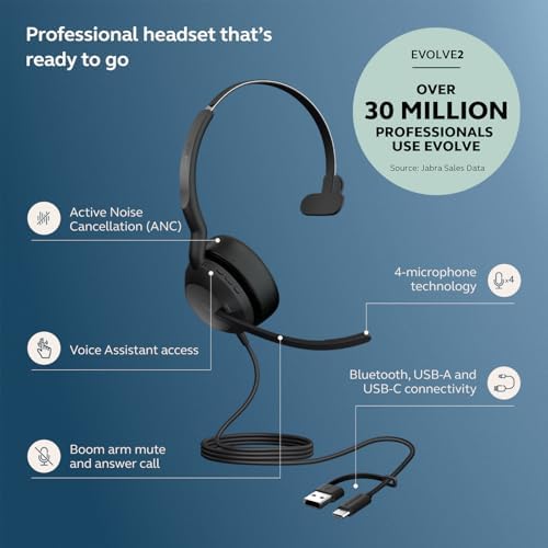 Jabra Evolve2 50 Wired Single-Ear Headset - Noise Cancelling Headphones, Bluetooth Headset for Work with Noise Cancelling Microphones, Works with Online Meeting Platforms Like Zoom & Google, Black - Image 2