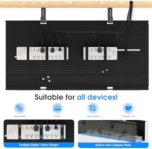 Under Desk Cable Management Tray, 40-inch No-Drill Cord Organizer with Anti-Sag Reinforced Base, Fabric Wire Management Hider for Standing Desk, Office & Gaming Accessories - Black - Image 4