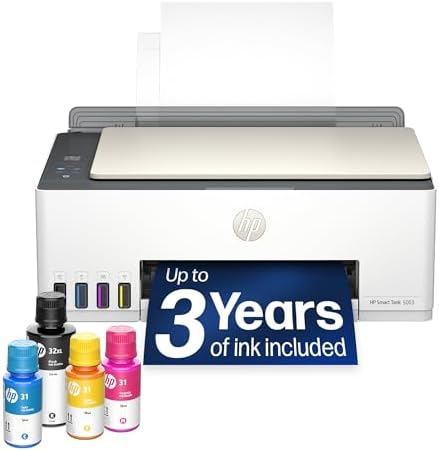 HP Smart Tank 5003 Wireless All-in-One Ink Tank Printer, Scanner, Copier with up to 3 Years of Ink Included, Best-for-Home, Cartridge-Free Refillable, AI-Capable (9B2D3A) by Unknown