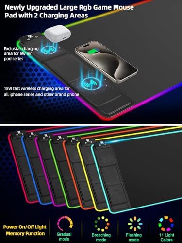 XXL Mouse Pad with Phone Holder - Black, RGB Desk Mat with 15W Fast Charging, LED Gaming Mousepad with 11 Light Colors, Waterproof Non-Slip Pad for Office & Home - Image 2