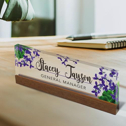 Artblox Personalized Office Desk Name Plate and Business Card Holder | Clear Acrylic Glass with Teak Wood Stand | Violets Flowers Design Customized with Your Name and Credentials Office Desk Décor - Image 2