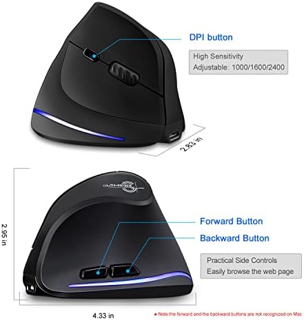 TRELC Ergonomic Mouse, 2.4G Wireless Vertical Optical Mouse with Adjustable Sensitivity (1000/1600/2400 DPI), 6 Buttons for PC, Desktop, Laptop, Notebook (Black) - Image 5