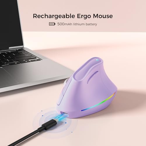 KYSONA 57° Wireless Ergonomic Mouse, Vertical Mouse, Carpal Tunnel Mouse, RGB Light, Rechargeable, Bluetooth & 2.4G, 5-level DPI Adjustment, Quiet Click Ergo Mice Compatible with PC/Laptop/Mac, Purple - Image 4