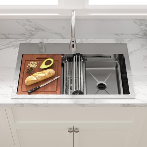 Sarlai 31 Inch Waterfall Kitchen Sink Drop In - 31x20 Waterfall Sink Ledge Workstation Stainless Steel 16 Gauge Multifunction Single Bowl Top Mount Kitchen Basin with Faucet Combo - Image 3