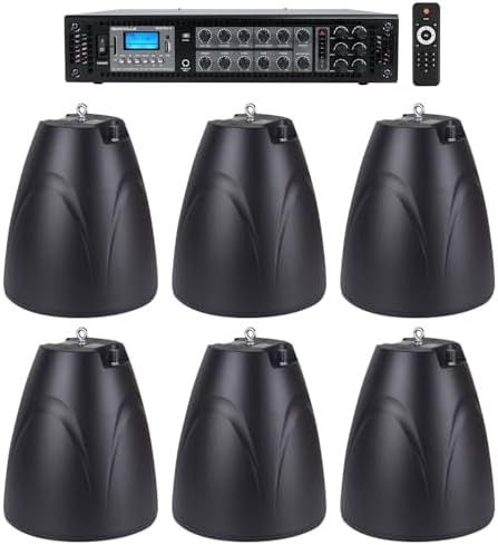 Rockville RCS180-6 Commercial Amp with 6 Black Hanging Pendant Speakers by Rockville