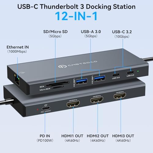 USB C Docking Station 3 Monitors 100W PD 12 in 1 Thunderbolt to Triple HDMI Monitors Docking Station USB C Hub Multiple Adapter, 2xUSB-C 3.2, 2xUSB-A 3.0, SD Card, 1000Mbps Ethernet - Image 2