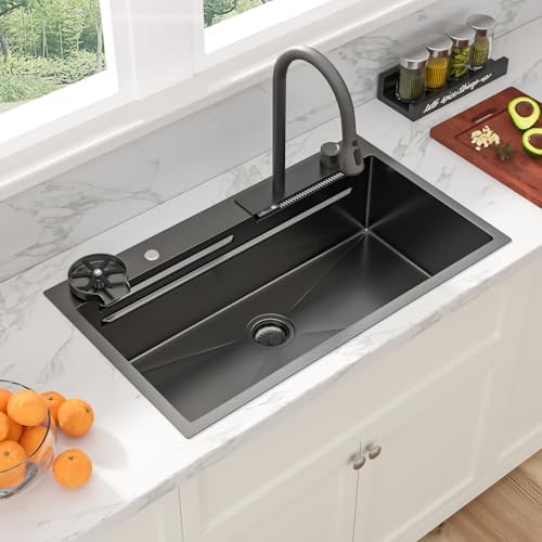 Sarlai Waterfall Kitchen Sink - 33 Inch Drop In Workstation Sink With Waterfall Black Stainless Steel 16 Gauge Multifunction Single Bowl Smart Top Mount Kitchen Sinks with Mechanical Keys 33x19x9 Inch - Image 5
