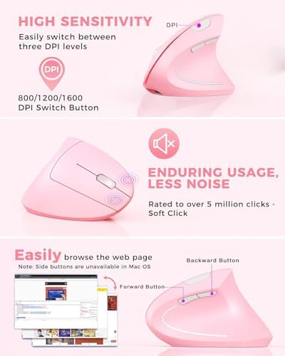 Ergonomic Mouse Wireless, Rechargeable Mouse Silent for Carpal Tunnel Right Hand, 2.4GHz USB Vertical Mouse Wireless for Laptop etc, 3 Adjustable 800/1200/1600 DPI, Pink - Image 4