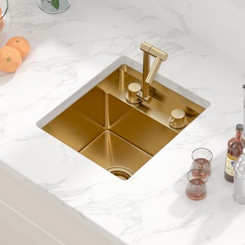 Sarlai Gold Undermount Bar Sink - 15x17 Inch Outdoor Kitchen Sink Workstation Gold 16 Gauge Stainless Steel Single Bowl Handmade Outdoor BBQ Sinks With Foldable Faucet - Image 3