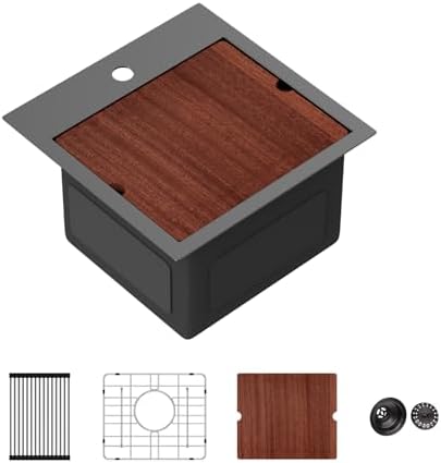 Sarlai Drop Bar Sink -15 Inch Black Outdoor Kitchen Sink Gunmetal Black Drop In Workstation 15 x 15 Topmount Stainless Steel 16 Gauge Single Bowl Kitchen Bar Prep RV Outdoor Sinks Basin by Sarlai