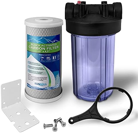 10 x 4.5 Whole House Water Filtration System, Transparent Housing, 1" Inlet/Outlet Brass Ports, Pressure Relief Button, 5 Mic Activated Carbon Block Cartridge, Meets NSF Standards & Regulations (10") by Ronaqua