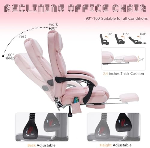 Massage Office Chair with Foot Rest 6 Points Vibration and Heat Home Office Desk Chairs for Heavy People 400lbs Reclining Managerial Chairs Ergonomic Executive Chair (Pink) - Image 6