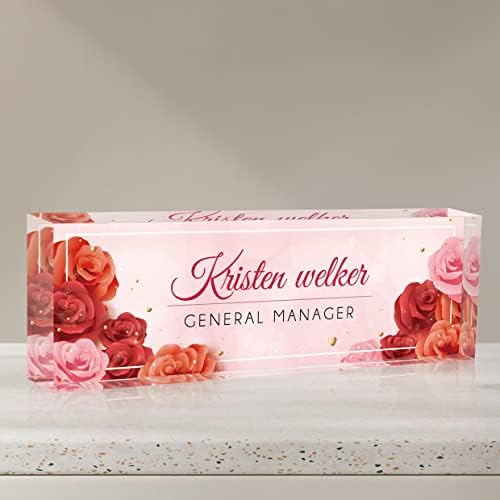 Desk Name Plate Personalized, Custom Name Plates for Desks, Office Desk Decor, Rose Design Clear Acrylic Glass Block, Personalized Office Gifts for Women Men Boss Teachers Coworkers Appreciation Gifts by SalaGraphics
