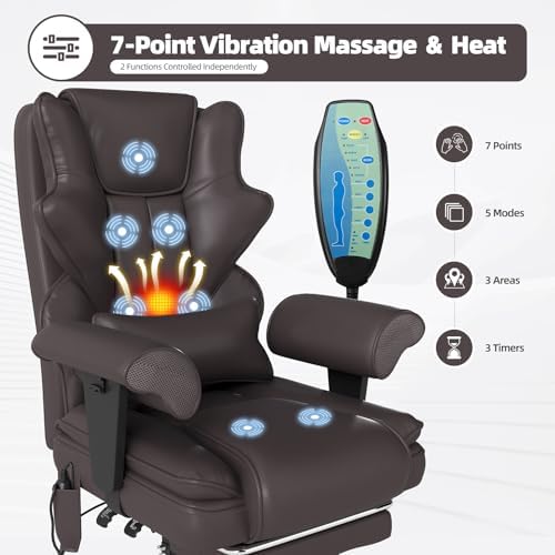 Executive 7-Point Massage Heated Office Chair with Footrest, Brown - Image 6