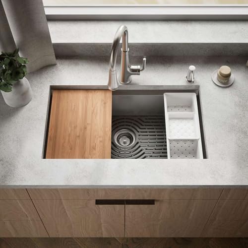 KOHLER 80084-2PC-NA Task™ 33" Top-/Undermount Single-Bowl Workstation Sink, Includes Kitchen Sink Accessories, Stainless Steel, 2 Faucet Holes - Image 2
