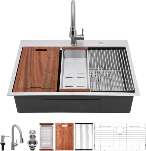 Lordear 33x22 Inch Drop In Kitchen Sink With Faucet 33 Inch Kitchen Sink with Faucet Combo Workstation 16 Gauge Stainless Steel Single Bowl Topmount Basin by LORDEAR