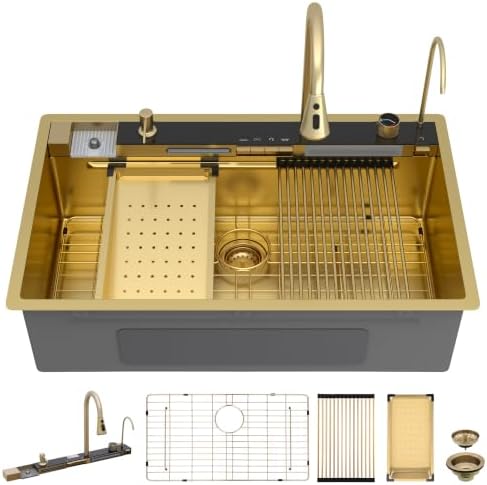 36"x22" Drop In Waterfall Kitchen Sink - Brushed Gold NANO-PVD, 16 Gauge 304 Stainless Steel, Ledge Workstation Single Bowl Top Mount Smart Waterfall Sink with Faucet Combo & Glass Rinser - Image 3