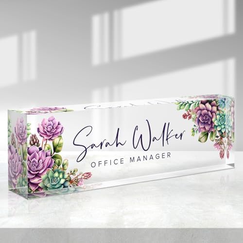 Custom Name Plate for Desk - Desk Name Plate Personalized - Acrylic Office Desk Accessories - Appreciation Gifts for Coworkers Employee Teacher Staff Boss - Office Decor for Women Men (Succulents) by Purdicra
