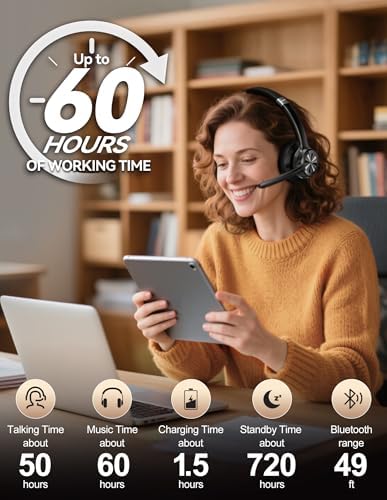 TECKNET Trucker Bluetooth Headset, Wireless Headset with Mic for Work, V5.2 Bluetooth Headphones with AI Noise Cancelling Microphone, 60H Battery, On-Ear Headphones for Call Center, Office, Drivers - Image 3