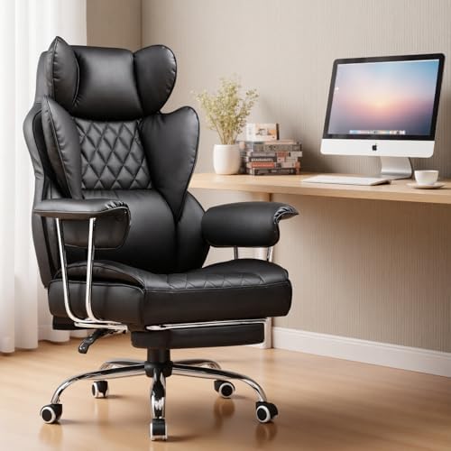 COMHOMA Big and Tall Office Chair, High Back Leather Gaming Chair with Footrest, Executive Ergonomic Office Chair with Pocket Spring Lumbar Support and with Outward Fixed Soft Armrests - Image 2