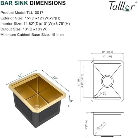 Undermount Bar Sink Workstation - 12 x 15 Inch Gold 16 Gauge T-304 Stainless Steel Small Wet Prep Sink Single Bowl Under Counter Camper Sinks with Cutting Board #TLU-0017 - Image 7