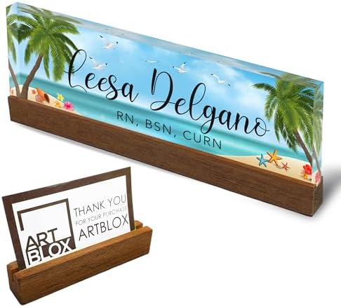 Artblox Personalized Office Desk Name Plate and Business Card Holder | Clear Acrylic Glass with Teak Wood Stand | Sand Beach Design Customized with Your Name and Credentials Office Desk Decor by Artblox