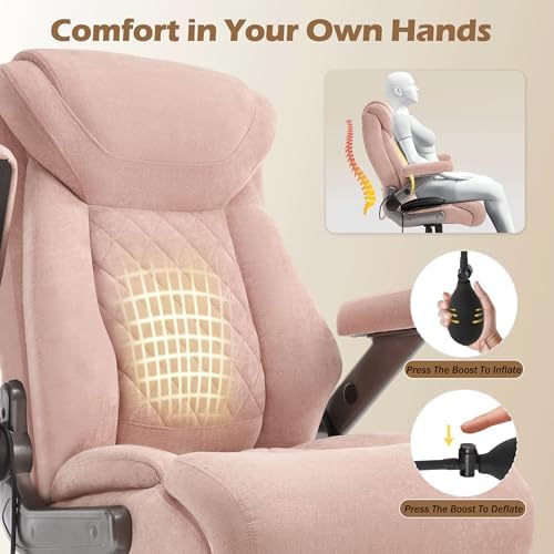 600LBS Large Big and Tall Office Chair, Heavy Duty Wide Ergonomic Gaming Office Chair with 5D Flip Arms, Comfy Fabric Executive Office Desk Chair, Extra Wide Padded Seat, Adjustable Lumbar, Pink - Image 3