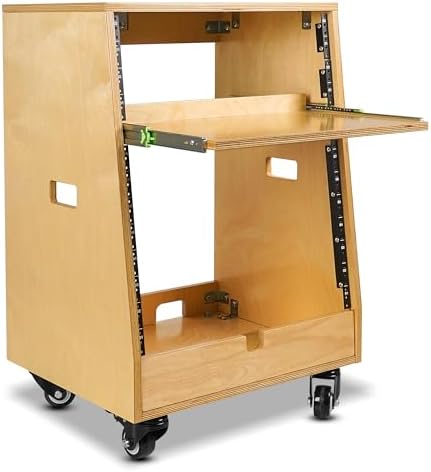 Sound Town DIY Slanted 12U Studio Rack (4U Top + 8U Lower), with 2U Bottom Storage, Slide-Out Tray, Caster, Plywood, Golden Oak for Recording Room, Home Studio (SDRK-ST12T) by SOUNDTOWN
