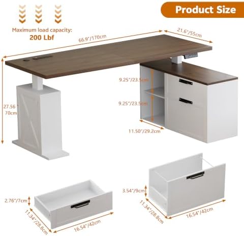 67" L Shaped Standing Desk with Drawers Electric Corner Desk White - Image 2