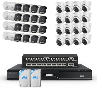 ZOSI 32CH 4K PoE Security Camera System,32 x 8MP Full Color Night Vision Outdoor PoE Cameras,Person Vehicle Detection,2 Way Audio,Spotlight Siren,32CH Surveillance NVR with 8TB HDD for 24/7 Recording by ZOSI