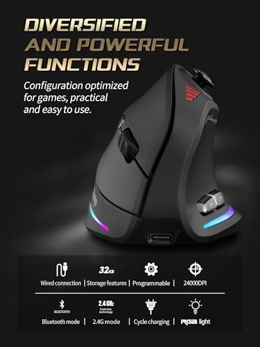 TKMARS Wireless Ergonomic Vertical Gaming Mouse with Joystick, Bluetooth & 2.4G, 12 Programmable Buttons, Adjustable 24000 DPI, Rechargeable RGB Computer Mouse for PC, MacBook & Laptops - Image 6