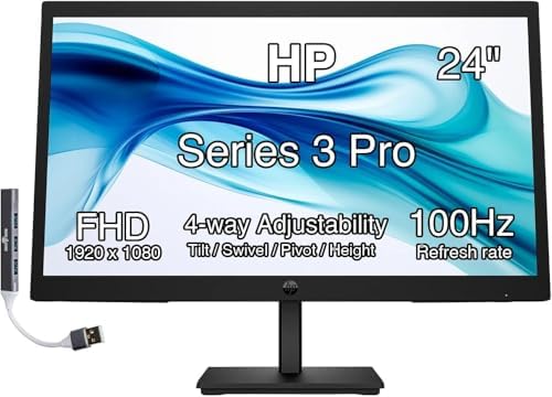 HP Series 3 Pro 24" 100Hz FHD IPS Monitor with Adjustable Tilt/Swivel/Pivot/Height, VESA Mount (100mm), VGA, Displayport，HDMI w/DKZ USB Port Expander by Unknown