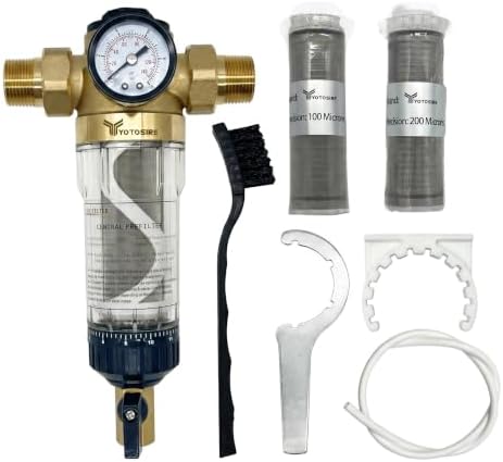 Upgraded Brass Spin Down Sediment Water Filter with Pressure Gauge, NPT3/4,50/100/200 Micron SS Mesh, pre Filter for City Water & Well Water, Low Pressure Drop, Self-Cleaning Scraper Ring by Unknown