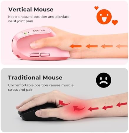 MEETION Ergonomic Vertical Mouse, Wireless Bluetooth Mouse - Pink - Image 3