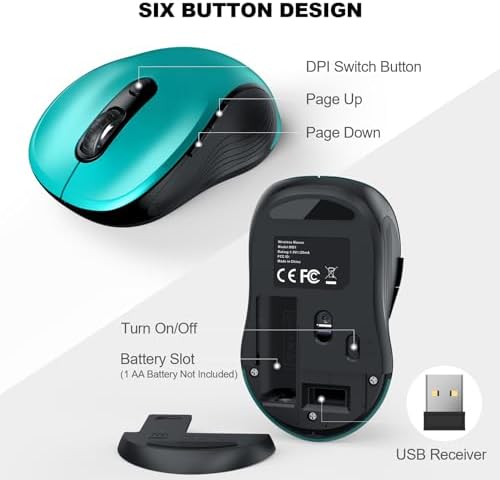 WisFox 2.4G Wireless Mouse for Laptop, Ergonomic Computer Mouse with USB Receiver and Type-C Adapter, 3 Adjustable Levels, 6 Button Cordless Wireless Mice for Windows Mac PC Notebook (Green) - Image 5
