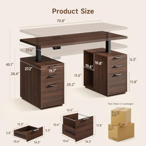 ONBRILL 70.8" Electric Standing Desk with 6 Drawers,Storage Shelves,Walnut - Image 2