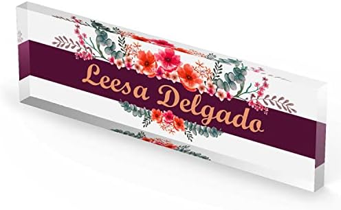 Artblox Personalized Office Desk Name Plate and Business Card Holder | Clear Acrylic Glass with Teak Wood Stand | Wild Flowers Design Customized with Your Name and Credentials Office Desk Decor - Image 4
