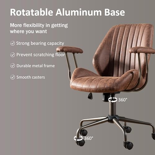 Mid Back Home Office Chair, Mid Century Modern Leather Computer Desk Chair, Comfy Executive Rolling Swivel Task Chair with Wheels Armrest Height Adjustable,Dark Brown - Image 5