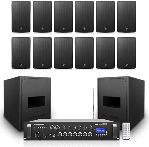 Sound Town Commercial Restaurant Audio Set with One 6-Zone 70V/100V Amplifier with Bluetooth, 12 x Weather-Resistant 6.5-Inch Surface-Mount Speakers, Two Dual 8-Inch Subwoofers, Black (P36X12T6B2S28) by SOUNDTOWN