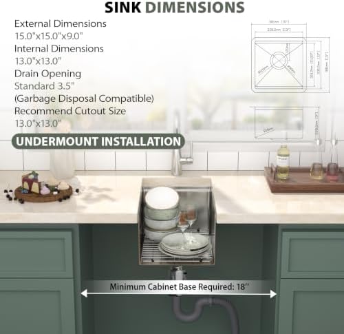 Mocoloo Square Undermount Bar Sink 15x15 Inch Single Bowl Undermount Kitchen Sink 16 Gauge Stainless Steel Bar Prep Workstation 9" Handmade Sinks - Image 2