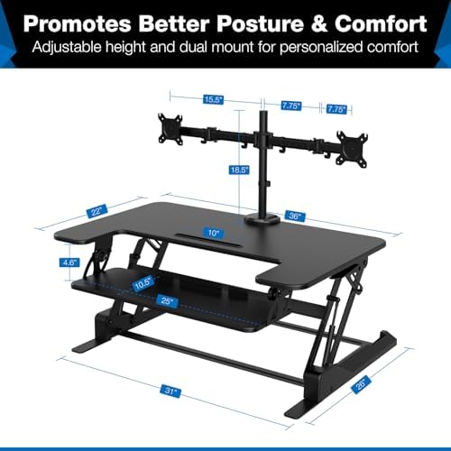 Mount-It! Standing Desk Converter Dual Monitor, 2 Screen Mounts Included, Height Adjustable Desk Riser in Black, Stand Up Desk Convertor Large 36" Wide, Sit Stand Convertor with Manual Lift Gas Spring - Image 5