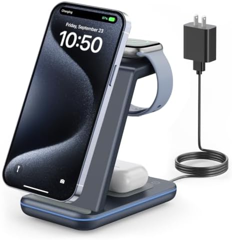 GEEKERA Wireless Charger, 3 in 1 Wireless Charging Station for iPhone Air/17/16/15/14/13/12/11/Pro Max/X/8, Phone and Watch Charger Stand for Apple Watch Ultra 3-2/11-2/SE, AirPods Pro/4/3/2, gunmetal by GEEKERA