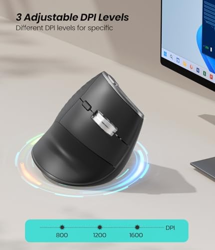 Nulea M510 Vertical Mouse Wireless, Ergonomic Mouse for Comfy Tracking, 3 Adjustable DPI (800-1200-1600), 2.4G Wireless Vertical Mouse with 6 Buttons, Compatible with Windows, Mac OS, Laptop, PC, Grey - Image 6