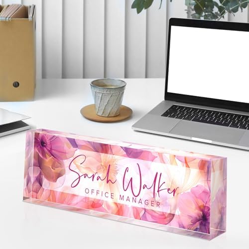 Custom Name Plate for Desk - Desk Name Plate Personalized - Acrylic Office Desk Accessories - Appreciation Gifts for Coworkers Employee Teacher Staff Boss - Office Decor for Women (Purple Flowers C) - Image 4